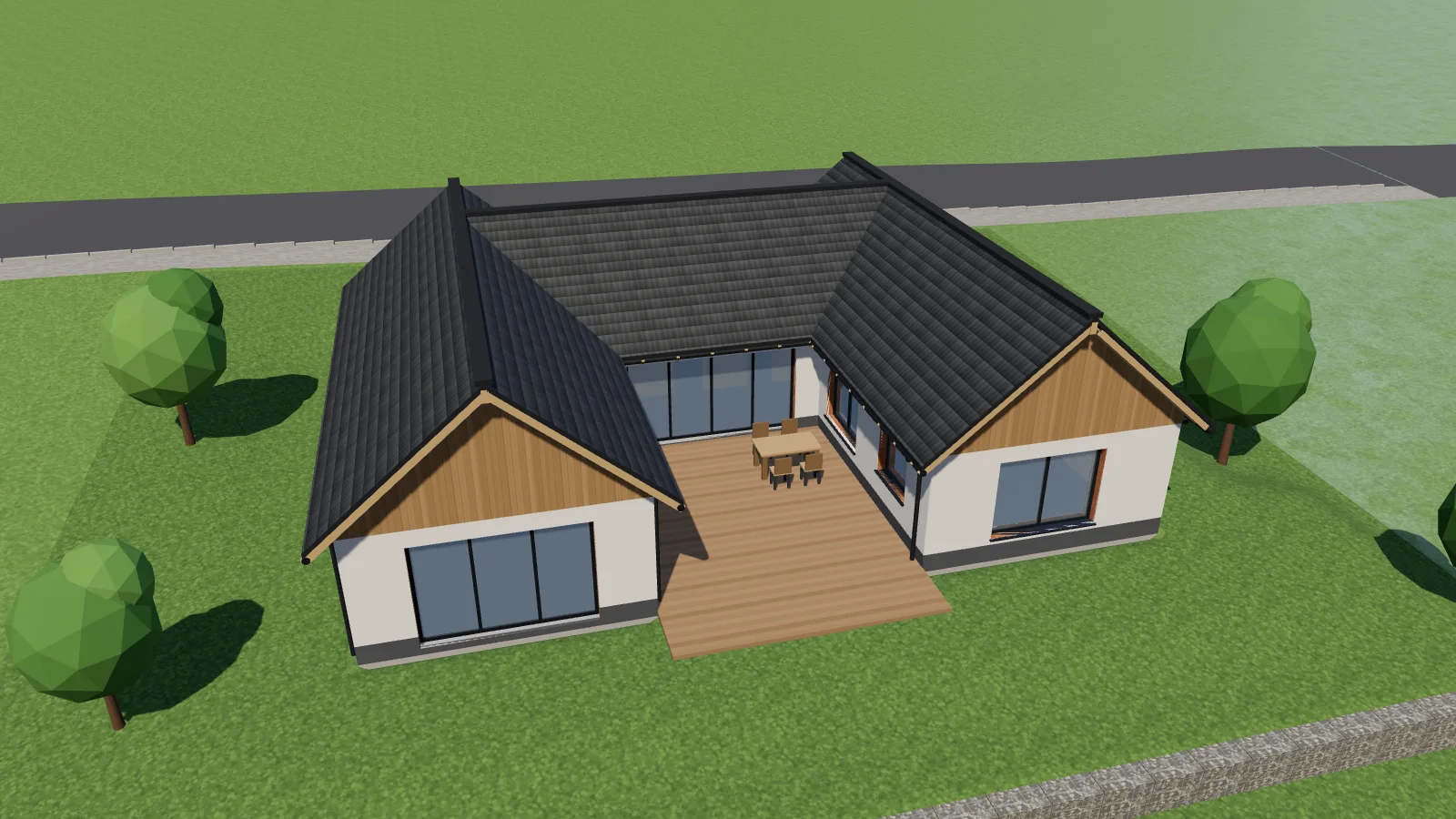 3D model rodinn&eacute;ho domu do U se sedlovou střechou a terasou v atriu